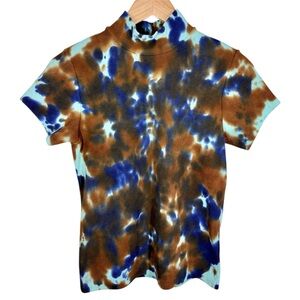 AGOLDE Tie Dye T-Shirt Size XS Mock Neck Ribbed Short Sleeve Brown Blue Cotton